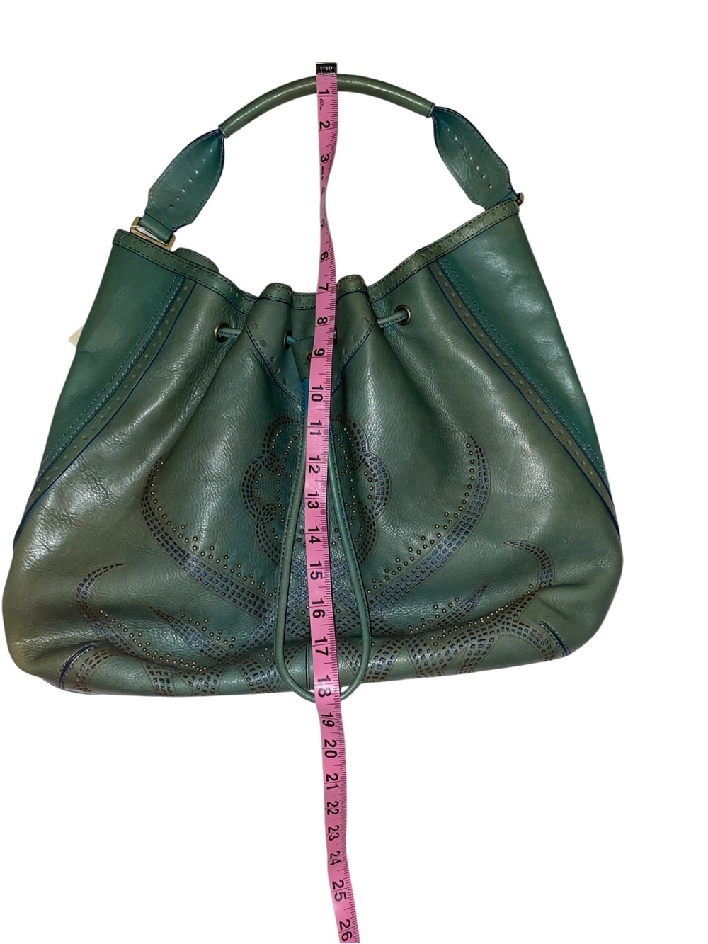 Y2K Vintage Cole Haan Teal Leather Drawstring brass studded Hobo Bag Boho fairy - Picture 12 of 13